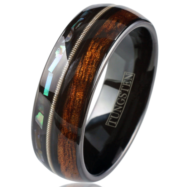 Cool Polished Black Tungsten Low Dome Ring with Silver Guitar String Between Iridescent Abalone And Whiskey Barrel Oak Wood Inlays.