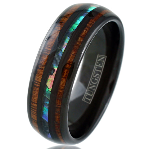Brilliant Polished Black Tungsten Low Dome Ring with Iridescent Abalone Inlay Between Two Black Bands And Koa Wood Inlays.