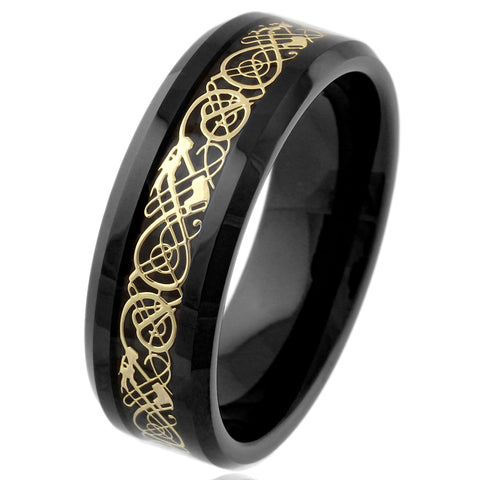Beautiful Polished Black Tungsten Ring with Gold Celtic Dragon on Black Faux Carbon Fiber Inlay.