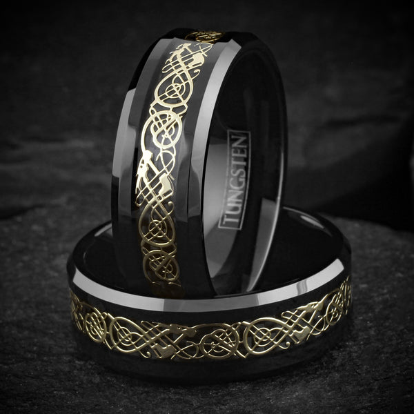 Beautiful Polished Black Tungsten Ring with Gold Celtic Dragon on Black Faux Carbon Fiber Inlay.