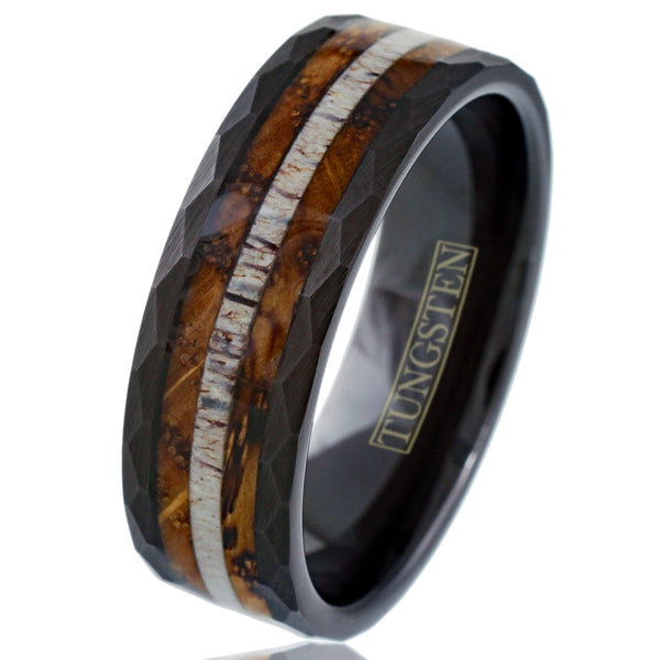 Sublime Faceted Brushed Finish Black Tungsten Flat Band Ring with Deer Antler Inlay Between Whiskey Barrel Oak Wood Inlays.