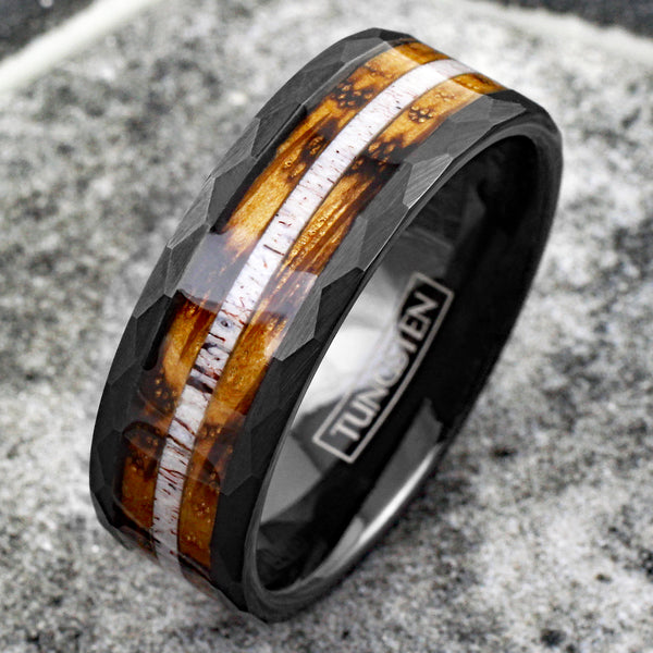 Sublime Faceted Brushed Finish Black Tungsten Flat Band Ring with Deer Antler Inlay Between Whiskey Barrel Oak Wood Inlays.