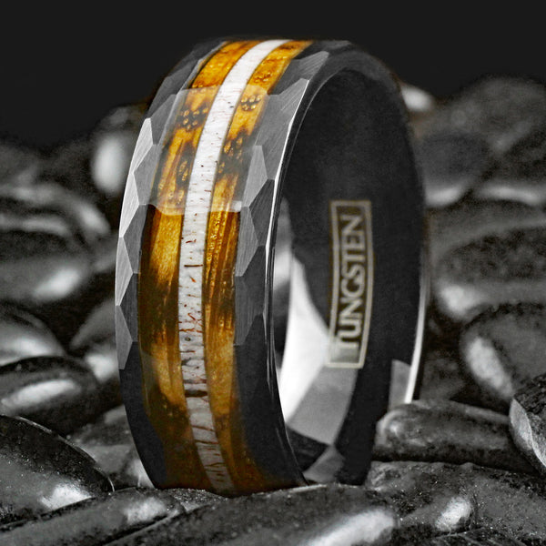 Sublime Faceted Brushed Finish Black Tungsten Flat Band Ring with Deer Antler Inlay Between Whiskey Barrel Oak Wood Inlays.