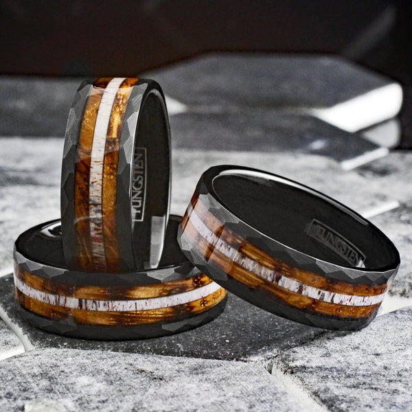 Sublime Faceted Brushed Finish Black Tungsten Flat Band Ring with Deer Antler Inlay Between Whiskey Barrel Oak Wood Inlays.