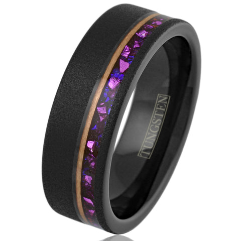 Stunning Brushed Finish Black Flat Band Tungsten Ring with Off-Center Asymmetrical Man-Made Plum Purple Opal Inlay And Rose Gold Stripe.