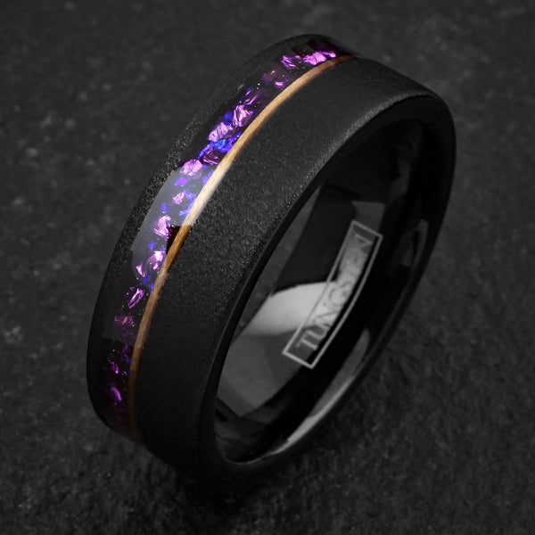 Stunning Brushed Finish Black Flat Band Tungsten Ring with Off-Center Asymmetrical Man-Made Plum Purple Opal Inlay And Rose Gold Stripe.