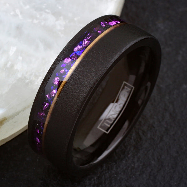 Stunning Brushed Finish Black Flat Band Tungsten Ring with Off-Center Asymmetrical Man-Made Plum Purple Opal Inlay And Rose Gold Stripe.