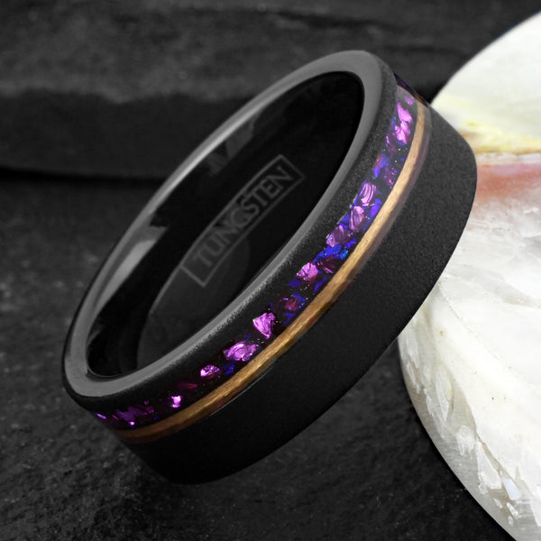 Stunning Brushed Finish Black Flat Band Tungsten Ring with Off-Center Asymmetrical Man-Made Plum Purple Opal Inlay And Rose Gold Stripe.