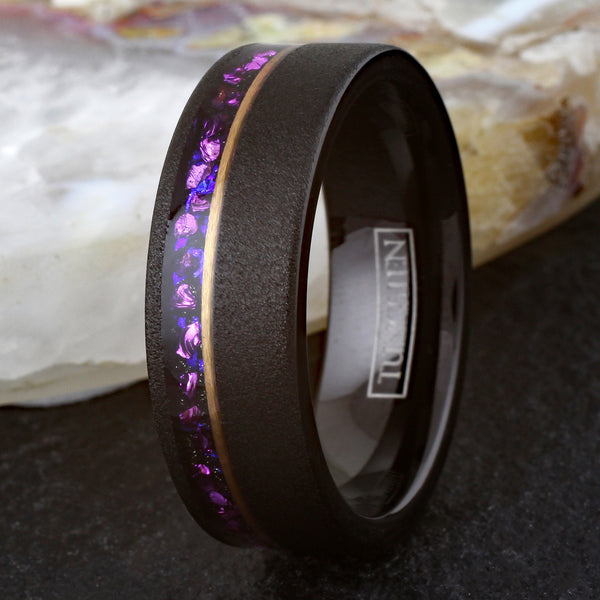 Stunning Brushed Finish Black Flat Band Tungsten Ring with Off-Center Asymmetrical Man-Made Plum Purple Opal Inlay And Rose Gold Stripe.