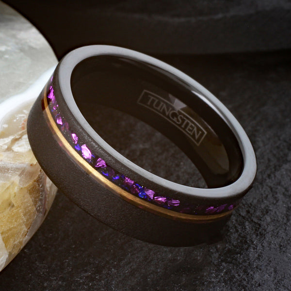 Stunning Brushed Finish Black Flat Band Tungsten Ring with Off-Center Asymmetrical Man-Made Plum Purple Opal Inlay And Rose Gold Stripe.