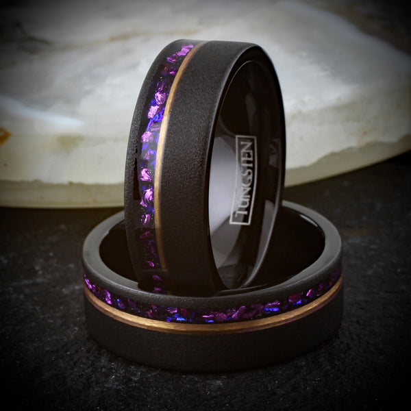 Stunning Brushed Finish Black Flat Band Tungsten Ring with Off-Center Asymmetrical Man-Made Plum Purple Opal Inlay And Rose Gold Stripe.