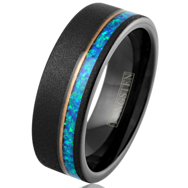 Elegant Brushed Finish Black Flat Band Tungsten Ring with Off-Center Asymmetrical Man-Made Teal Blue Opal Inlay And Rose Gold Stripe.