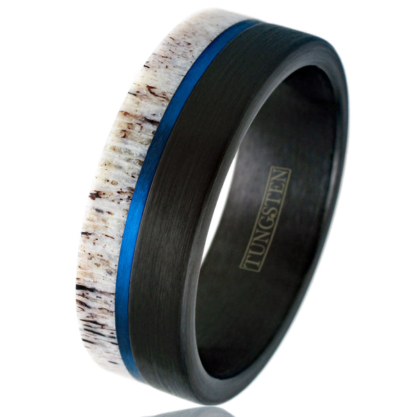 Awesome Brushed Finish Black Tungsten Flat Band Ring w/ Beautiful Raw Edge White Deer Antler Inlay and Cool Off-Center Royal Blue Stripe.