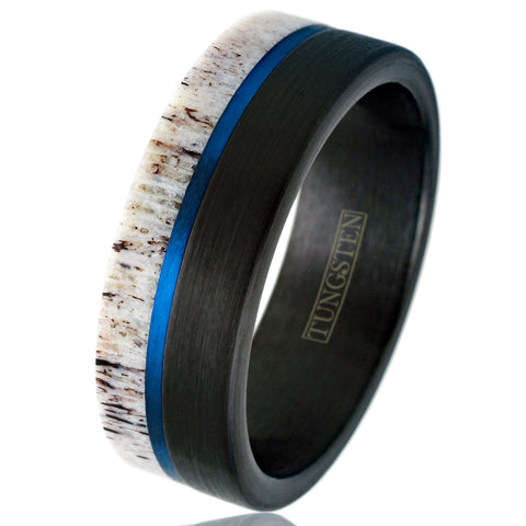 Awesome Brushed Finish Black Tungsten Flat Band Ring w/ Beautiful Raw Edge White Deer Antler Inlay and Cool Off-Center Royal Blue Stripe.