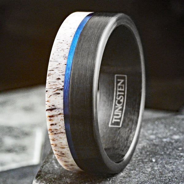 Awesome Brushed Finish Black Tungsten Flat Band Ring w/ Beautiful Raw Edge White Deer Antler Inlay and Cool Off-Center Royal Blue Stripe.