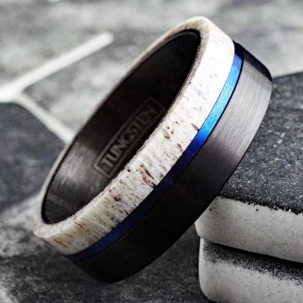 Awesome Brushed Finish Black Tungsten Flat Band Ring w/ Beautiful Raw Edge White Deer Antler Inlay and Cool Off-Center Royal Blue Stripe.