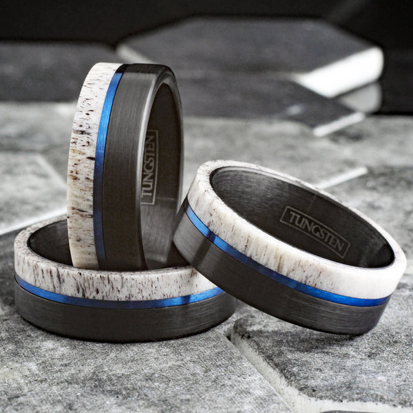 Awesome Brushed Finish Black Tungsten Flat Band Ring w/ Beautiful Raw Edge White Deer Antler Inlay and Cool Off-Center Royal Blue Stripe.