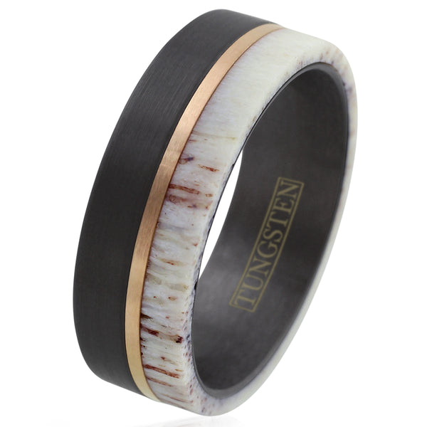 Handsome Brushed Finish Black Tungsten Flat Band Ring w/ Awesome Raw Edge White Deer Antler Inlay and Off-Center Rose Gold Stripe.