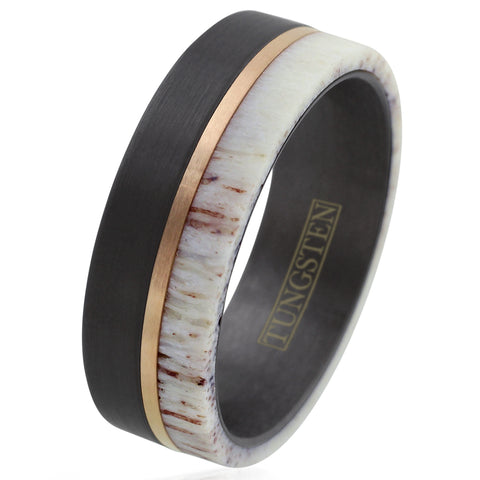 Handsome Brushed Finish Black Tungsten Flat Band Ring w/ Awesome Raw Edge White Deer Antler Inlay and Off-Center Rose Gold Stripe.