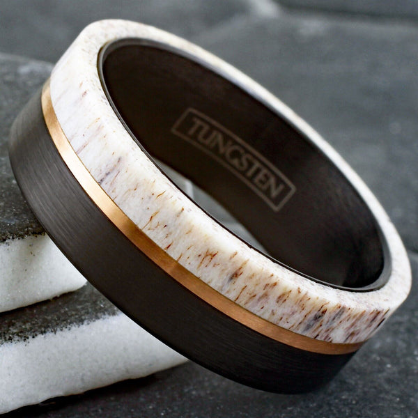 Handsome Brushed Finish Black Tungsten Flat Band Ring w/ Awesome Raw Edge White Deer Antler Inlay and Off-Center Rose Gold Stripe.