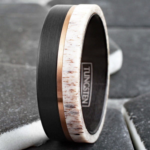 Handsome Brushed Finish Black Tungsten Flat Band Ring w/ Awesome Raw Edge White Deer Antler Inlay and Off-Center Rose Gold Stripe.