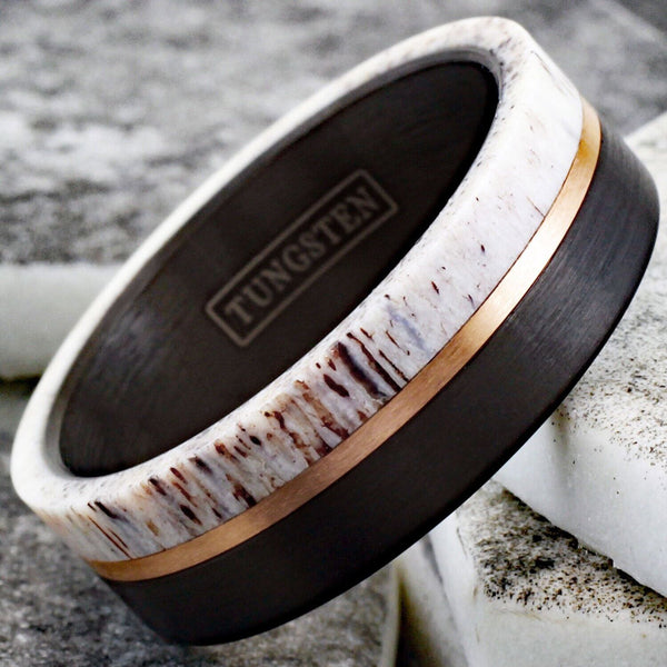 Handsome Brushed Finish Black Tungsten Flat Band Ring w/ Awesome Raw Edge White Deer Antler Inlay and Off-Center Rose Gold Stripe.