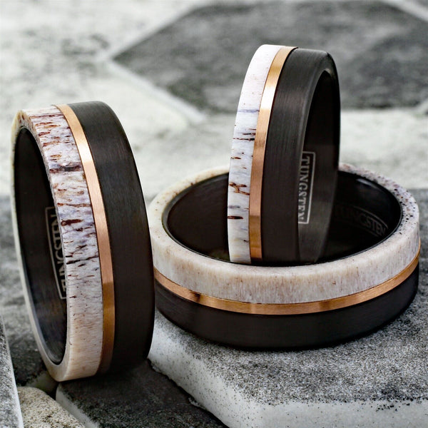 Handsome Brushed Finish Black Tungsten Flat Band Ring w/ Awesome Raw Edge White Deer Antler Inlay and Off-Center Rose Gold Stripe.