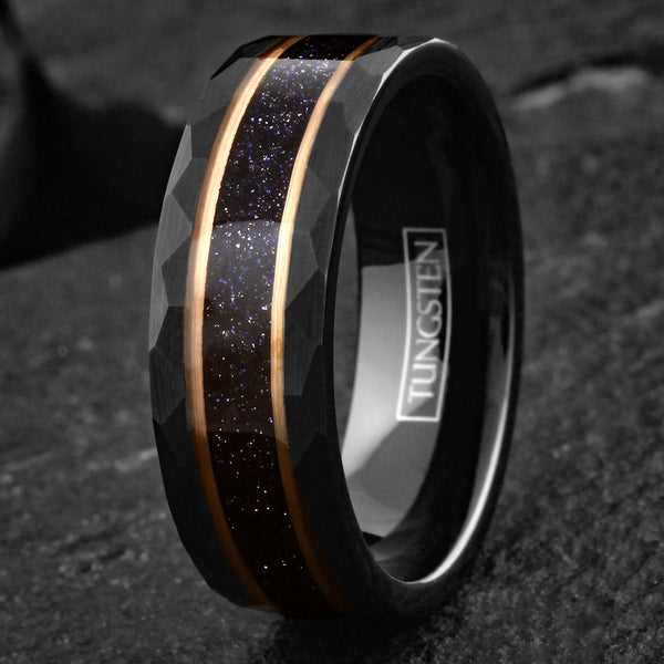 Awesome Brushed Finish Faceted Black Tungsten Flat Band Ring with Dark Blue Crushed Lapis Lazuli Inlay Between Two Rose Gold Stripes.
