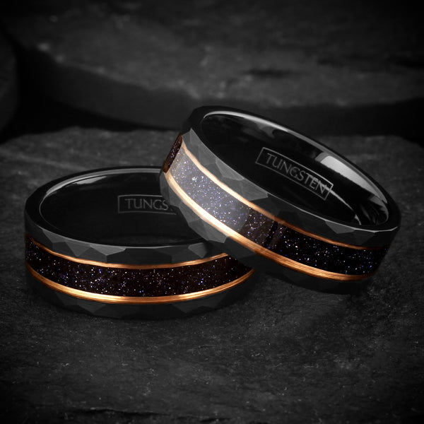 Awesome Brushed Finish Faceted Black Tungsten Flat Band Ring with Dark Blue Crushed Lapis Lazuli Inlay Between Two Rose Gold Stripes.