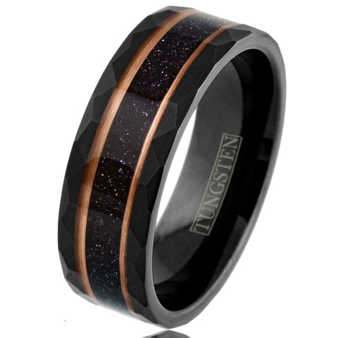 Gorgeous Brushed Finish Faceted Black Tungsten Flat Band Ring with Super Dark Blue Sandstone Inlay Between Two Rose Gold Stripes.