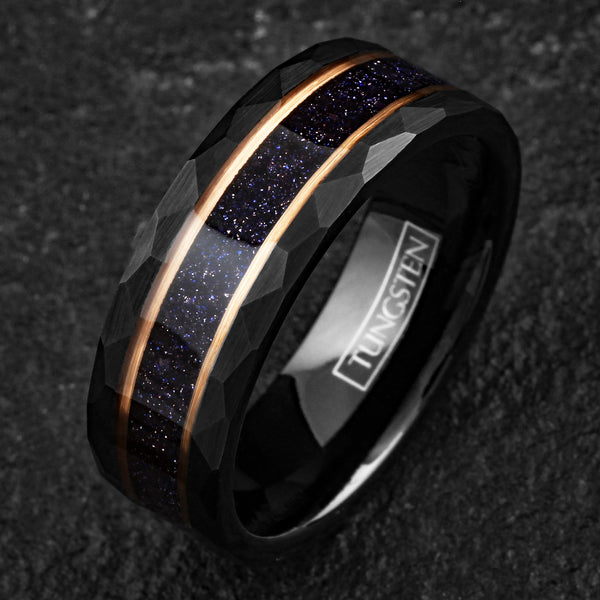 Gorgeous Brushed Finish Faceted Black Tungsten Flat Band Ring with Super Dark Blue Sandstone Inlay Between Two Rose Gold Stripes.