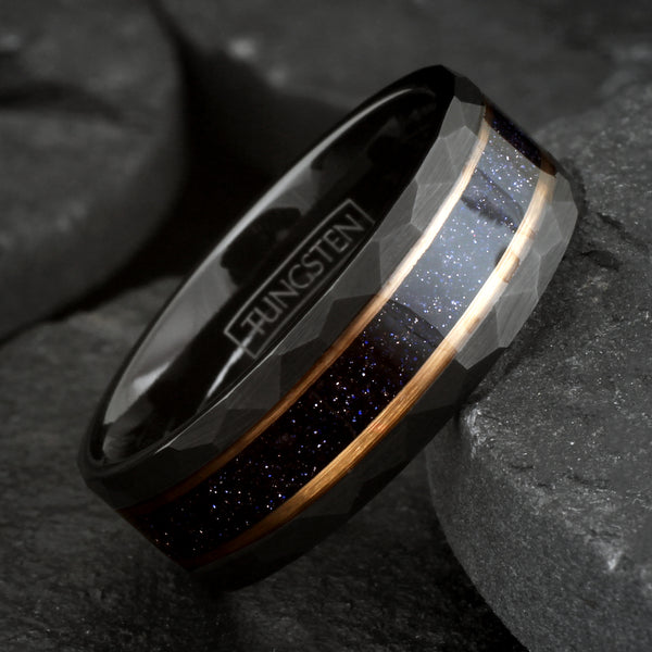 Gorgeous Brushed Finish Faceted Black Tungsten Flat Band Ring with Super Dark Blue Sandstone Inlay Between Two Rose Gold Stripes.