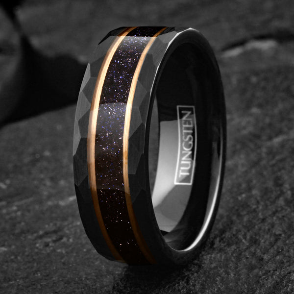 Gorgeous Brushed Finish Faceted Black Tungsten Flat Band Ring with Super Dark Blue Sandstone Inlay Between Two Rose Gold Stripes.