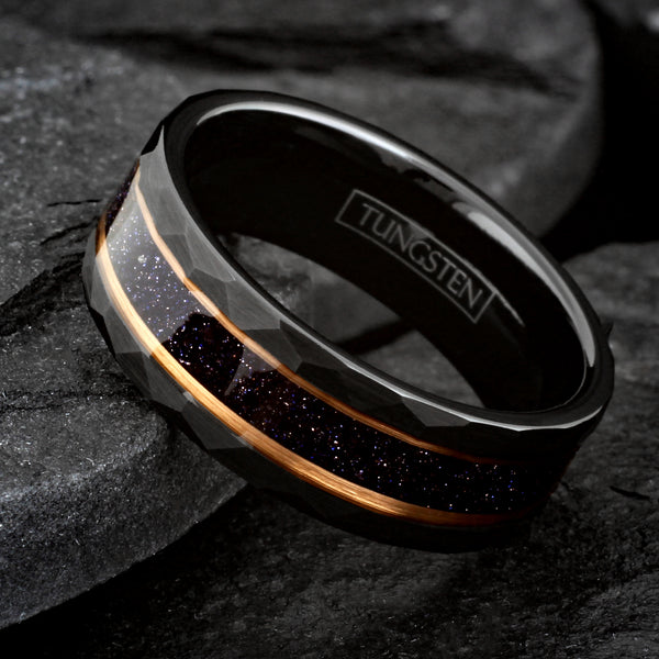 Gorgeous Brushed Finish Faceted Black Tungsten Flat Band Ring with Super Dark Blue Sandstone Inlay Between Two Rose Gold Stripes.