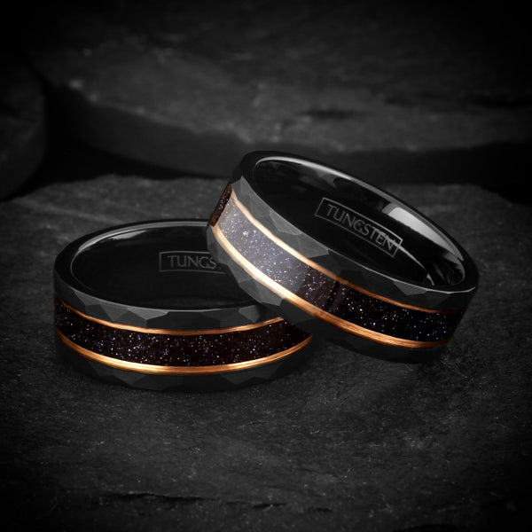 Gorgeous Brushed Finish Faceted Black Tungsten Flat Band Ring with Super Dark Blue Sandstone Inlay Between Two Rose Gold Stripes.