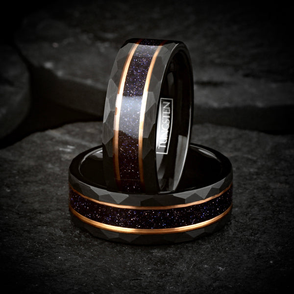 Gorgeous Brushed Finish Faceted Black Tungsten Flat Band Ring with Super Dark Blue Sandstone Inlay Between Two Rose Gold Stripes.