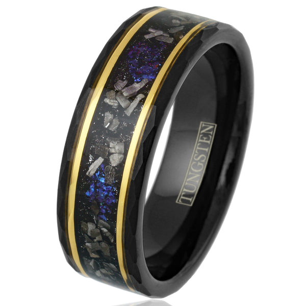 Stunning Brushed Finish Faceted Black Tungsten Flat Band Ring with Black Faux Meteorite And Purple Galaxy Dust Inlay Between Two Yellow Gold Stripes.