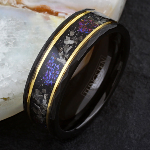 Stunning Brushed Finish Faceted Black Tungsten Flat Band Ring with Black Faux Meteorite And Purple Galaxy Dust Inlay Between Two Yellow Gold Stripes.