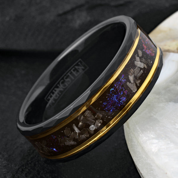 Stunning Brushed Finish Faceted Black Tungsten Flat Band Ring with Black Faux Meteorite And Purple Galaxy Dust Inlay Between Two Yellow Gold Stripes.