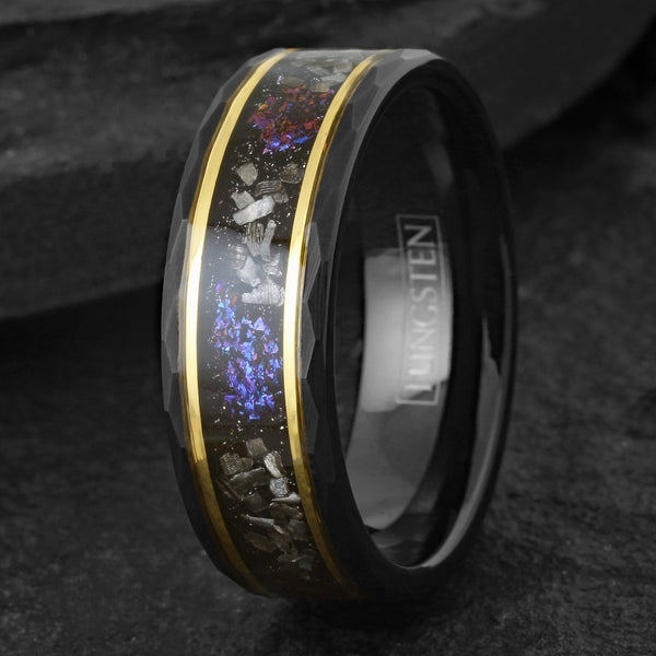 Stunning Brushed Finish Faceted Black Tungsten Flat Band Ring with Black Faux Meteorite And Purple Galaxy Dust Inlay Between Two Yellow Gold Stripes.