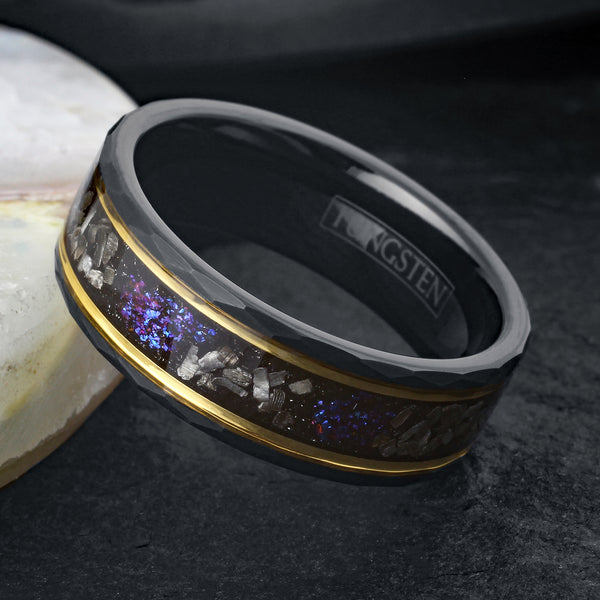 Stunning Brushed Finish Faceted Black Tungsten Flat Band Ring with Black Faux Meteorite And Purple Galaxy Dust Inlay Between Two Yellow Gold Stripes.