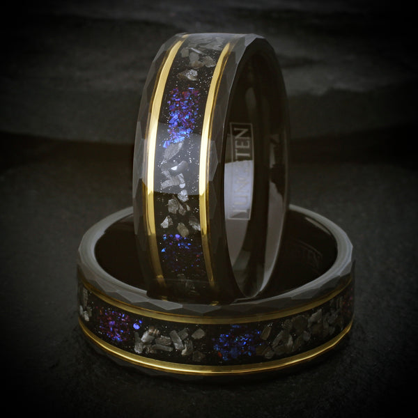 Stunning Brushed Finish Faceted Black Tungsten Flat Band Ring with Black Faux Meteorite And Purple Galaxy Dust Inlay Between Two Yellow Gold Stripes.
