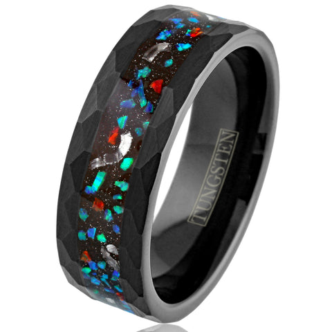 Dazzling Brushed Finish Faceted Black Tungsten Flat Band Ring with Green and Red Man-Made Opal with Faux Meteorite Inlay.