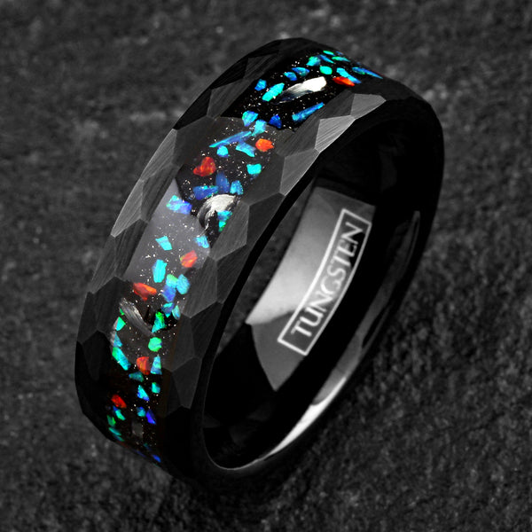 Dazzling Brushed Finish Faceted Black Tungsten Flat Band Ring with Green and Red Man-Made Opal with Faux Meteorite Inlay.