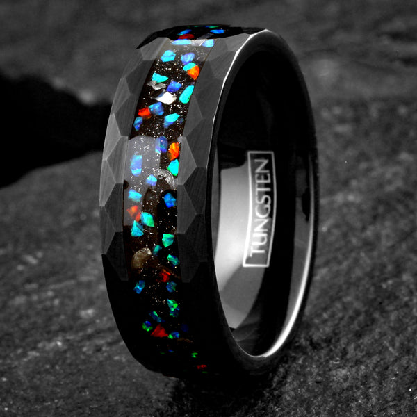 Dazzling Brushed Finish Faceted Black Tungsten Flat Band Ring with Green and Red Man-Made Opal with Faux Meteorite Inlay.