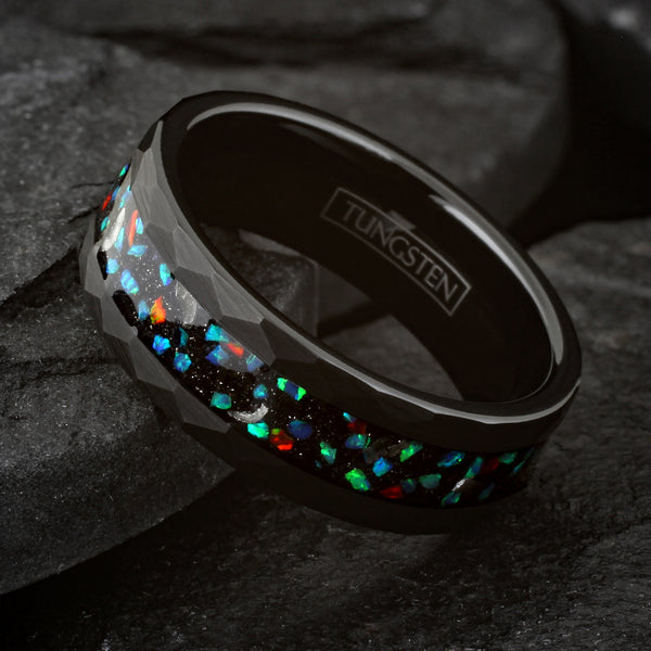 Dazzling Brushed Finish Faceted Black Tungsten Flat Band Ring with Green and Red Man-Made Opal with Faux Meteorite Inlay.