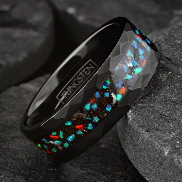 Dazzling Brushed Finish Faceted Black Tungsten Flat Band Ring with Green and Red Man-Made Opal with Faux Meteorite Inlay.