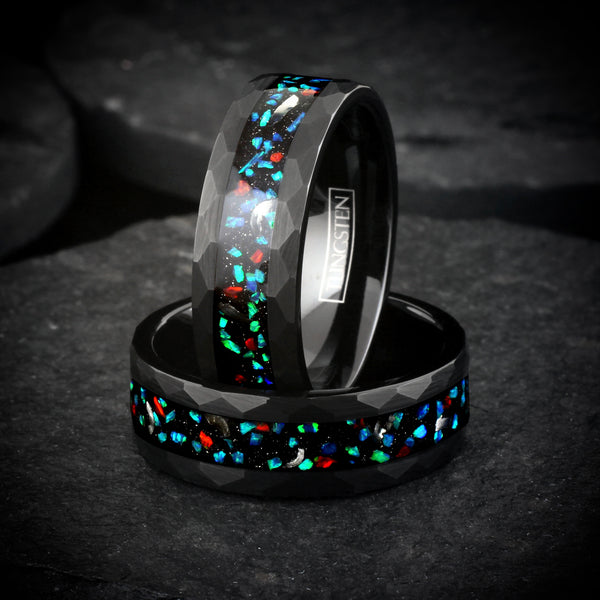 Dazzling Brushed Finish Faceted Black Tungsten Flat Band Ring with Green and Red Man-Made Opal with Faux Meteorite Inlay.