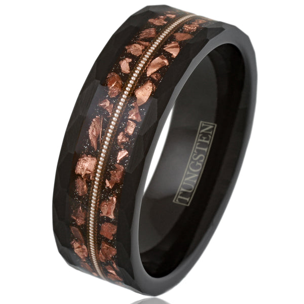 Beautiful Unique Brushed Finish Faceted Black Tungsten Flat Band Ring with Genuine Guitar String Between Faux Copper Tone Meteorite Inlay.