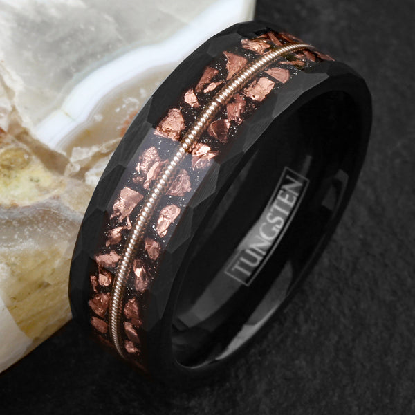 Beautiful Unique Brushed Finish Faceted Black Tungsten Flat Band Ring with Genuine Guitar String Between Faux Copper Tone Meteorite Inlay.